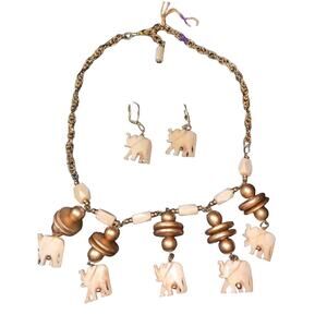 African Elephant Necklace & Earrings Faux Bone Bead Ethnic Statement Edmar Vtg